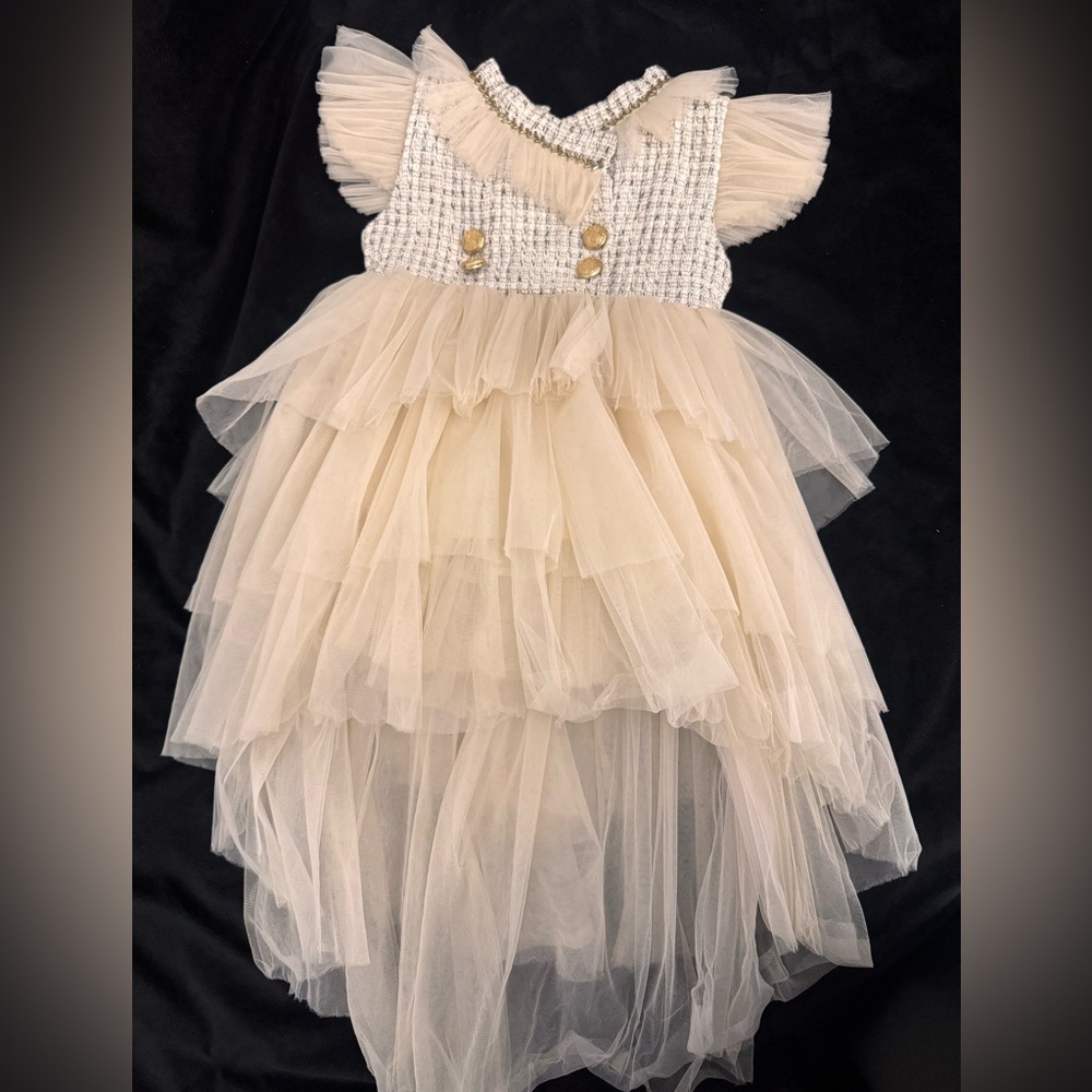 Petite Maison Kids Ivory Tweed Tulle Dress Gold Button Bow Back Size 4